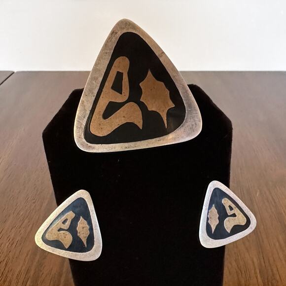 Vintage Mexican Modernist Sterling Silver Brooch & Earrings Set 925 - Picture 3 of 13